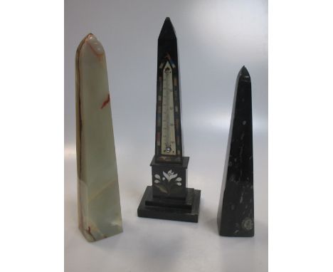 An Ashford marble obelisk set with a thermometer and two other stone obelisks  