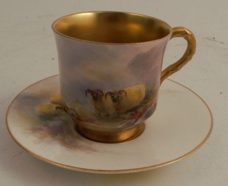 A Royal Worcester miniature cup and saucer, decorated with sheep in landscape by Jas Stinton, glaze faults to the base of the