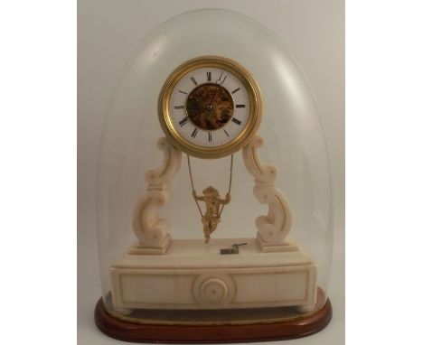 A 19th century white marble mantel clock, the drum movement stamped E Chappement Brevete, with visible escapement, having a w
