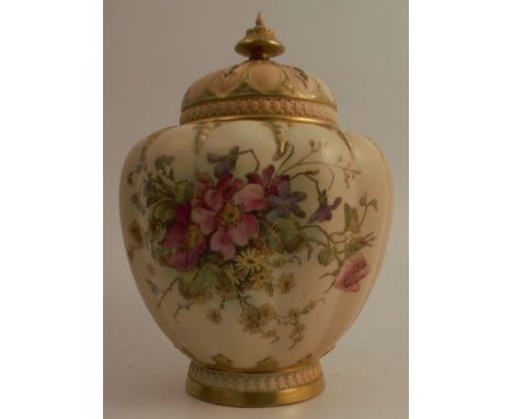 A Royal Worcester blush ivory covered pot pourri, with inner cover, the fluted body decorated with a floral spray, shape numb