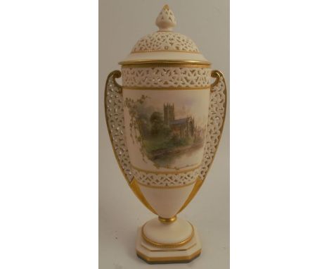 A Grainger &amp; Co Royal China Works Worcester reticulated ivory vase and cover, decorated with a view of Worcester with gil