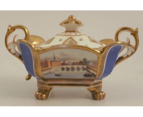 A Grainger Lea and Co miniature centre piece, with pierced cover, decorated with a view of Worcester Cathedral and the River 