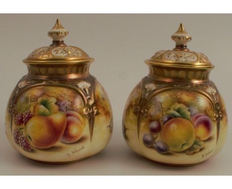 A pair of Royal Worcester quarter lobed covered pot pourri, decorated with hand painted fruit by S Wood, shape no H1175, heig