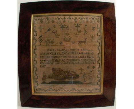 A 19th century tapestry sampler, decorated with a verse, animals, birds, flowers and a girl, Mary Launt aged 12, Nov 23rd 183