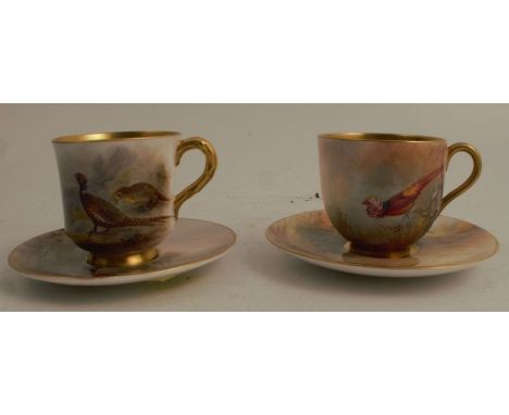 A Royal Worcester miniature cup and saucer, decorated with Asiatic pheasants by Sedgley, together with a miniature cup and sa