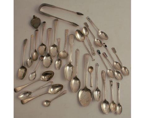 A collection of hallmarked silver spoons, to include Georgian and some decorated with enamel, total weight 10oz, together wit