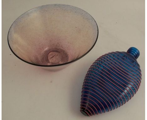 A glass bowl, of trumpet form, diameter 7ins, together with a blue glass flask with red circle decoration, length 7ins