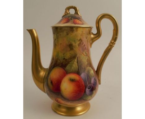 A Royal Worcester coffee pot, the cover and baluster body decorated all around with fruit a mossy background by A Shuck, with