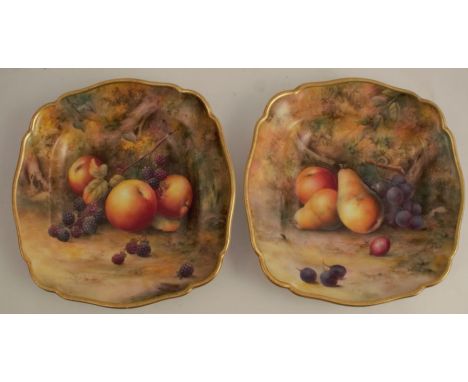 Two Royal Worcester square dishes, decorated with fruit to a mossy background by H H Price, with gilt shaped edge, diameter 9