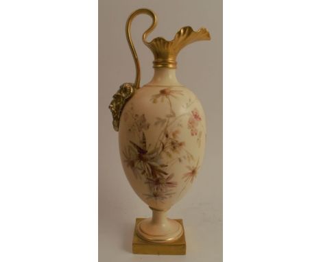 A Royal Worcester blush ivory ewer, decorated with insects and flowers, monogrammed for Edward Raby, with flared spout, mask 