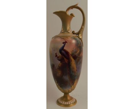 A Royal Worcester ewer, decorated all around with peacocks in landscape by Charles White, dated 1907, height 12ins no obvious