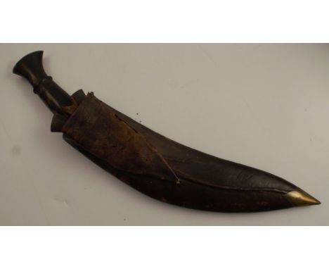 A 19th century Gurkhas Kufri knife, with horn handle and engraved blade, having two smaller knives, with leather scabbard wit