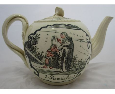An 18th century Leeds creamware teapot, decorated with scenes of Samuel anoints Saul from J Samuel 10-1, with flower finial t