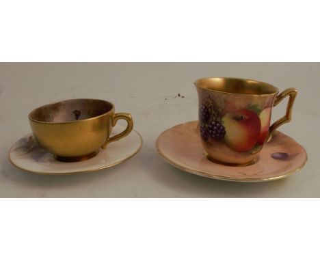 A Royal Worcester miniature tea cup and saucer, decorated with pheasants by James Stinton, together with a miniature cup and 