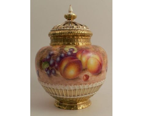 A Royal Worcester pot pourri, decorated all around with hand painted fruit by Freeman, shape number 1286 MS, with inner cover