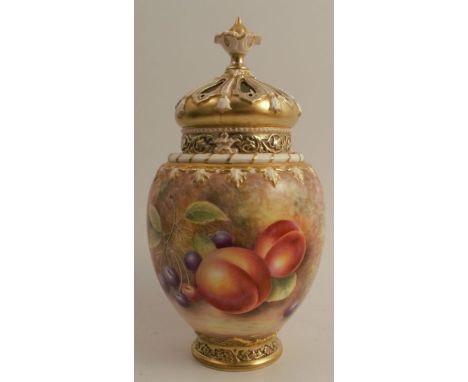 A Royal Worcester crown top pot pourri, decorated all around with hand painted fruit by Leaman, shape number 2048 small, lack