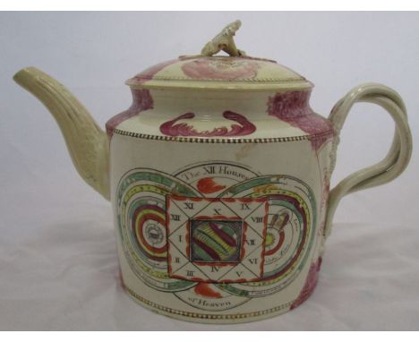 An 18th century William Greatbatch creamware teapot, decorated in polychrome colours with The Fortune Teller to one side and 
