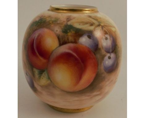 A Royal Worcester vase, decorated with fruit to a mossy background by Roberts, shape number 2491, height 3.25ins good conditi