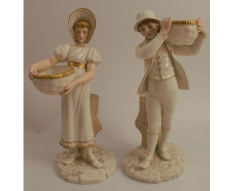 A pair of Royal Worcester figures, of a boy and a girl carrying baskets by a tree stump, in white and gilt, dated 1885, heigh