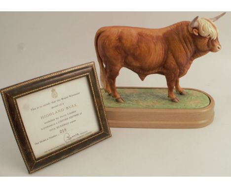 A Royal Worcester limited edition model, Highland Bull, modelled by Doris LIndner, with plinth and certificate, max height ap