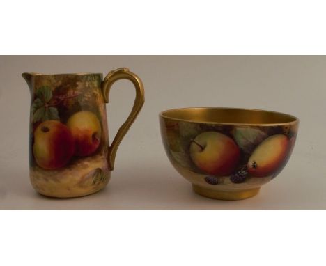 A Royal Worcester milk jug and sugar bowl, both decorated all around with fruit to a mossy background by Lockyer and W.H Aust