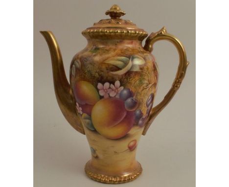 A Royal Worcester coffee pot, decorated all round with hand painted fruit by P English, height 7.75ins good condition