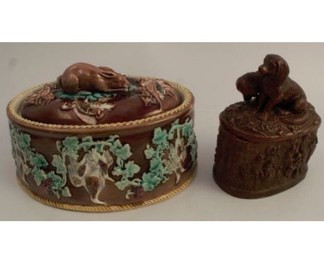 A 19th century Wedgwood majolica oval tureen, decorated with hare, maximum diameter 7ins, together with another 19th century 