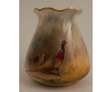 A Royal Worcester vase, the front decorated with two pheasants in a wooded landscape by Jas Stinton, shape number G957, dated