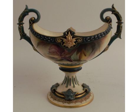 A Royal Worcester Hadley ware oval centre piece, decorated with Iris, raised on a pedestal foot, height 7.25ins - restored