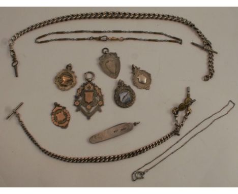 Six hallmarked silver medals, engraved with inscriptions, one with enamel decoration, weight 65g, together with various silve