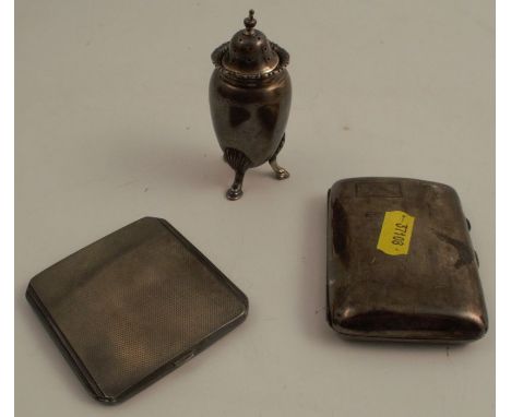 A hallmarked silver compact, with engine turning, together with a hallmarked silver cigarette case, with mock tortoiseshell l