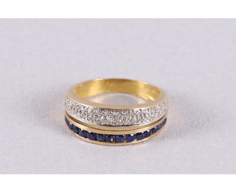 An 18 carat 750/1000 gold band ring with 14 facet cut blue sapphires and 29 diamonds. Ring size 17.75 cm.