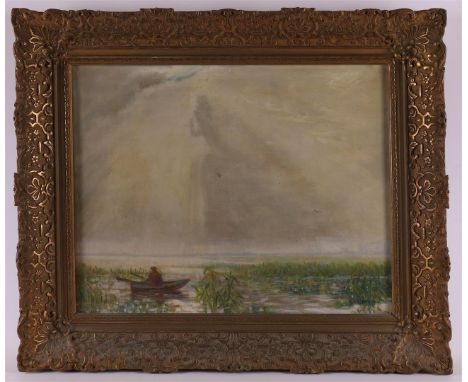 Groot, K (Dutch school 20th century "Fisherman on a lake", signed in full l.r., oil paint/canvas, h 40 x w 50 cm.