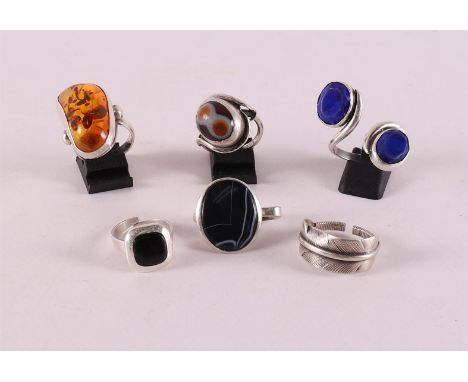 Six various silver vintage design rings, including set with amber, tot. 6x.