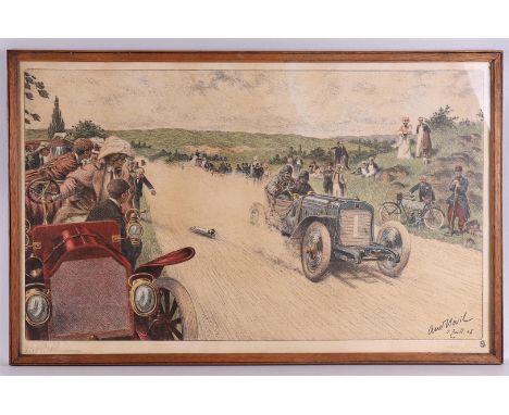 André Nevil (France 19th/20th century) "La Course Automobile", signed in full l.r. and '05 and pencil 'En pleine Vitene', col