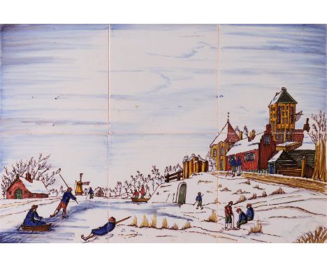 A polychrome earthenware six-step tile tableau, Friesland, 20th century. Decor of a Dutch winter landscape with ice entertain