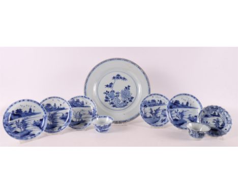 A lot of various blue/white porcelain, including cup and saucer, China 18th century, tot. 9x (2 saucers glued).