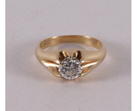 A 14 kt 585/1000 yellow gold ring, set with 1.25 ct brilliant cut diamond, gross weight 6.5 grams, ring size 19, 19 mm.