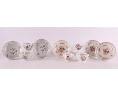 A lot of porcelain cups and saucers, including Lowestoft, 18th century, tot. 10x.