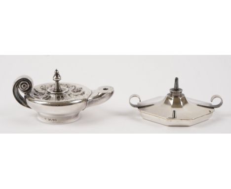 A Victorian silver table lighter, modelled as a classical oil lamp, presentation inscribed, London 1883 and another silver ta