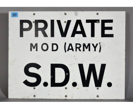 'Private M.O.D' a mid-20th century metal army base sign, 52cm wide. 