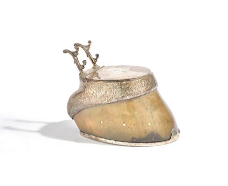 A Victorian silver mounted pen and inkstand, formed as a horses hoof, detailed to the silver horseshoe form base R. Ward &amp