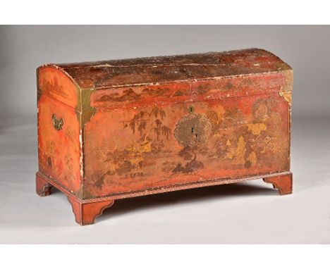 An early 18th century Chinese export domed topped scarlet lacquered trunk with original embossed paper lined interior, on bra