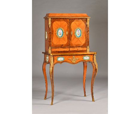 A late 19th century French gilt metal mounted and ceramic Kingwood and rosewood lady's writing desk, the caddy top over pair 