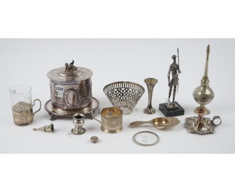 A group of plated and foreign wares, including; a strainer, probably Persian, a tea glass holder, probably Persian, a plated 