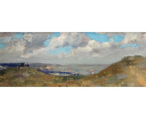 Alexei Sokolov (1912-?), Crimean landscape, oil on board, 17cm x 40.5cm.; together with two further Russian oils: Mordovian w