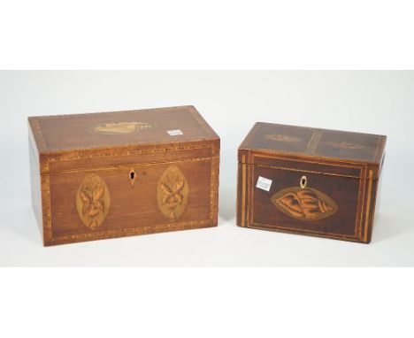 A George III inlaid mahogany rectangular tea caddy with twin lidded interior, 24cm wide x 13cm high, together with a similar 