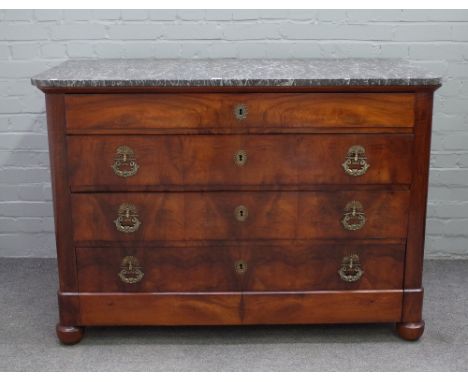 A 19th century French commode with rectangular marble top over gilt metal mounted walnut base with four long drawers, 130cm w