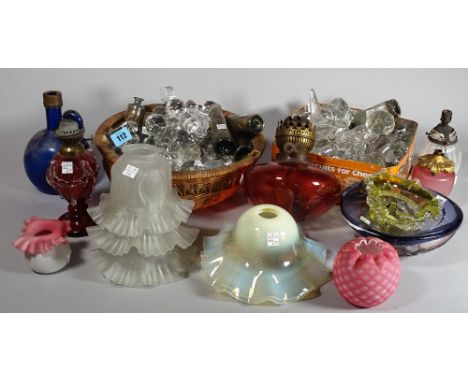 Glassware, including; mainly 20th century cut glass decanter stoppers, a pair of vaseline glass shades, three frosted glass s