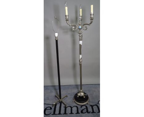 A Regency style silvered metal three light standard lamp on ebonised plinth base, 160cm high and a modern chrome and leather 